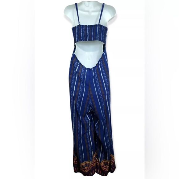 FLYING TOMATO | Blue Striped Boho Open Back Tie Front Jumpsuit Size Medium - Picture 9 of 12